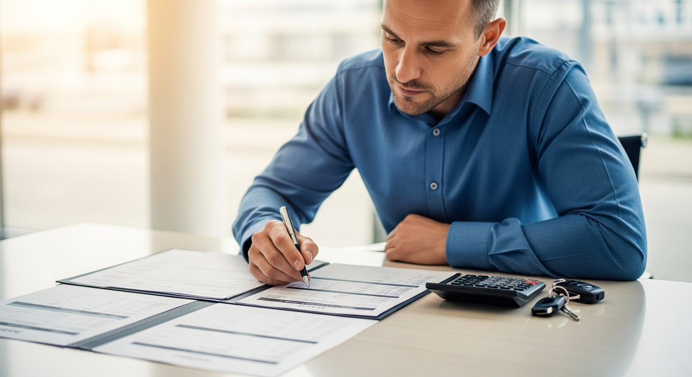 Professional reviewing car deal paperwork with calculator and car keys