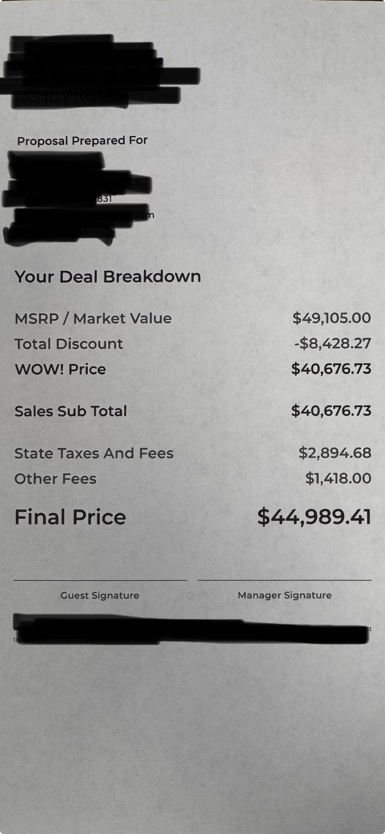 Real dealer proposal showing $8,428 discount off MSRP — client info redacted
