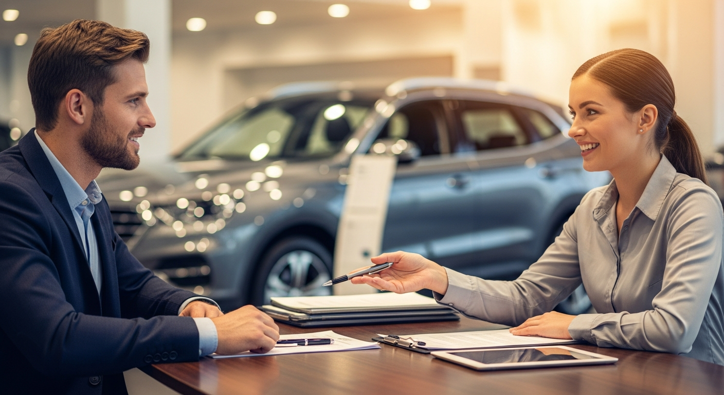 Car buyer negotiating a car price with a dealership salesperson at a desk