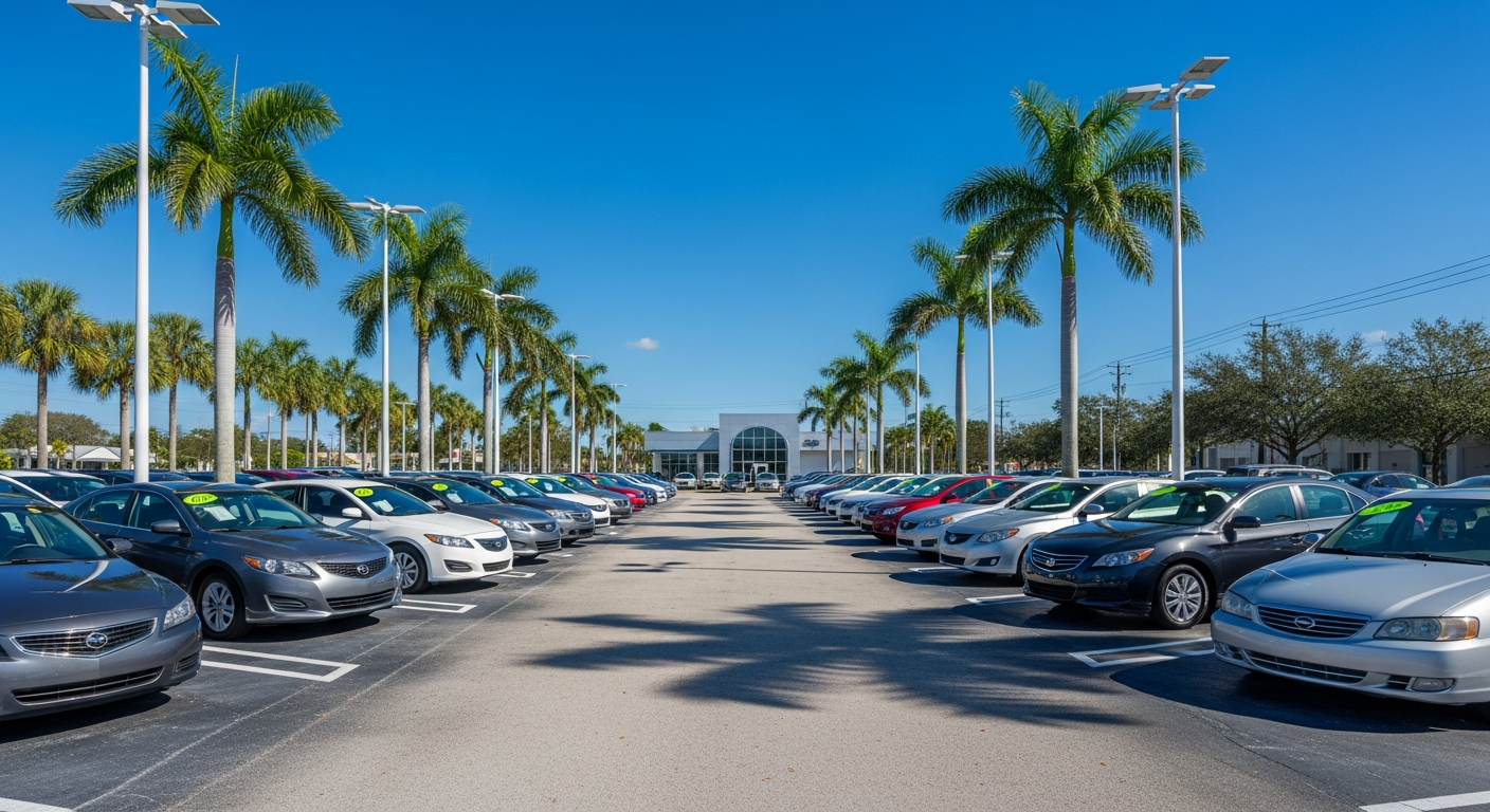 Row of used cars on a sunny Florida dealership lot with palm trees