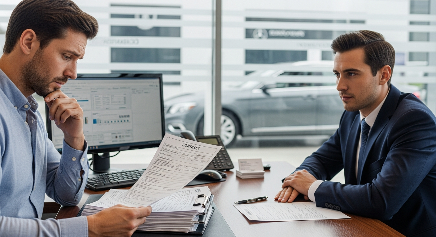 Concerned car buyer reviewing dealership contract paperwork