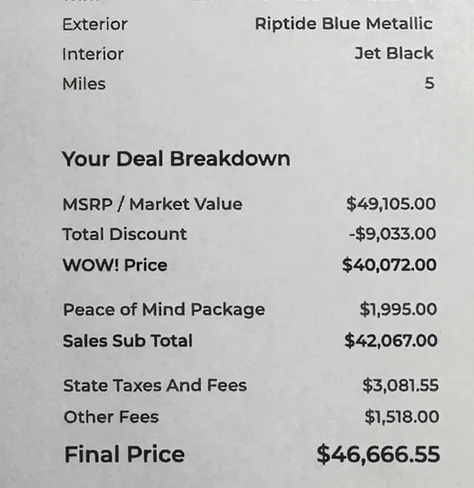 Final deal sheet showing $9,033 discount achieved by Deal Drvn, bringing Final Price to $46,666.55