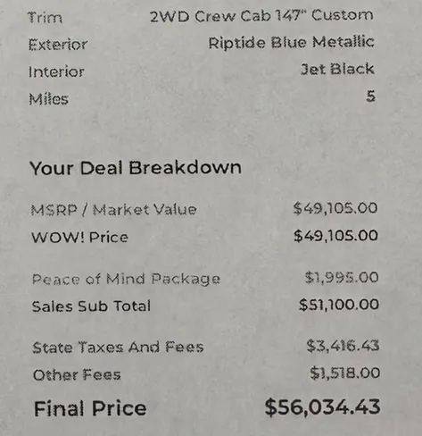 Original dealer deal sheet showing Final Price of $56,034.43 before Deal Drvn negotiation